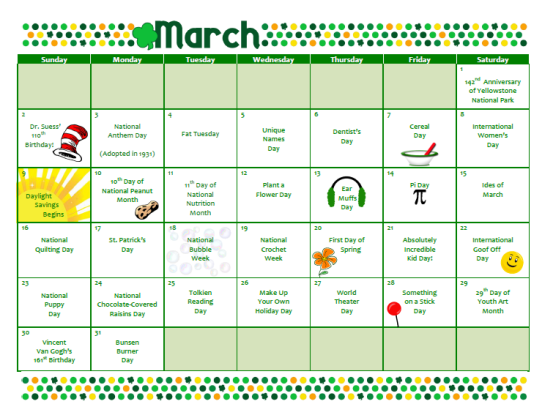 Celebrate Every Day Calendar March 2014 For the Teachers