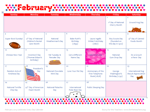 February Celebrate Every Day Calendar For the Teachers